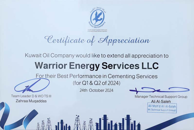 Service quality award certificate from Kuwait Oil Company